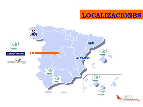 Mapa de España con las escuelas de pilotos agrupadas en AEFA 